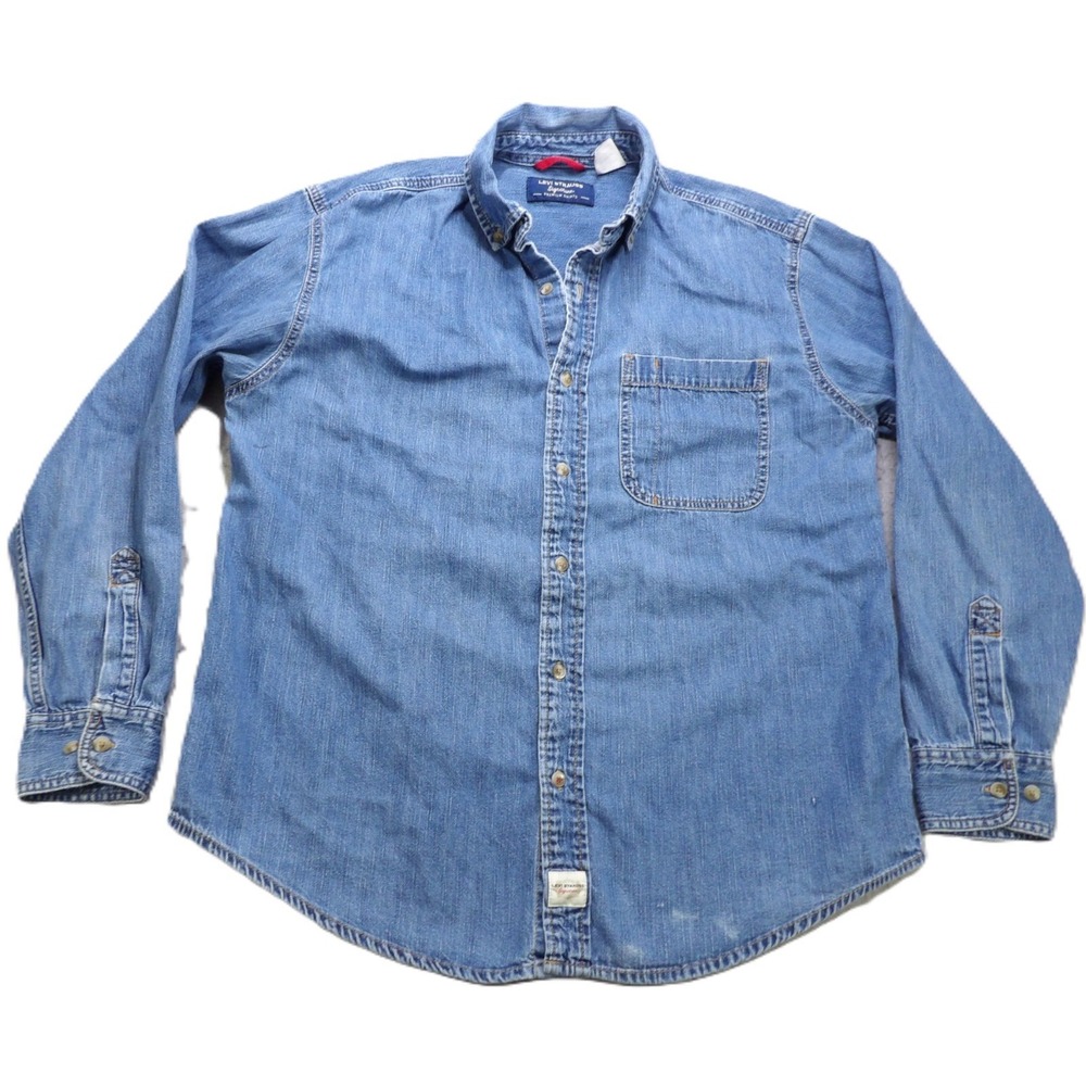 Levi Strauss Signature Men Medium Denim Long Sleeve Casual Work Shirt Blue Jeans